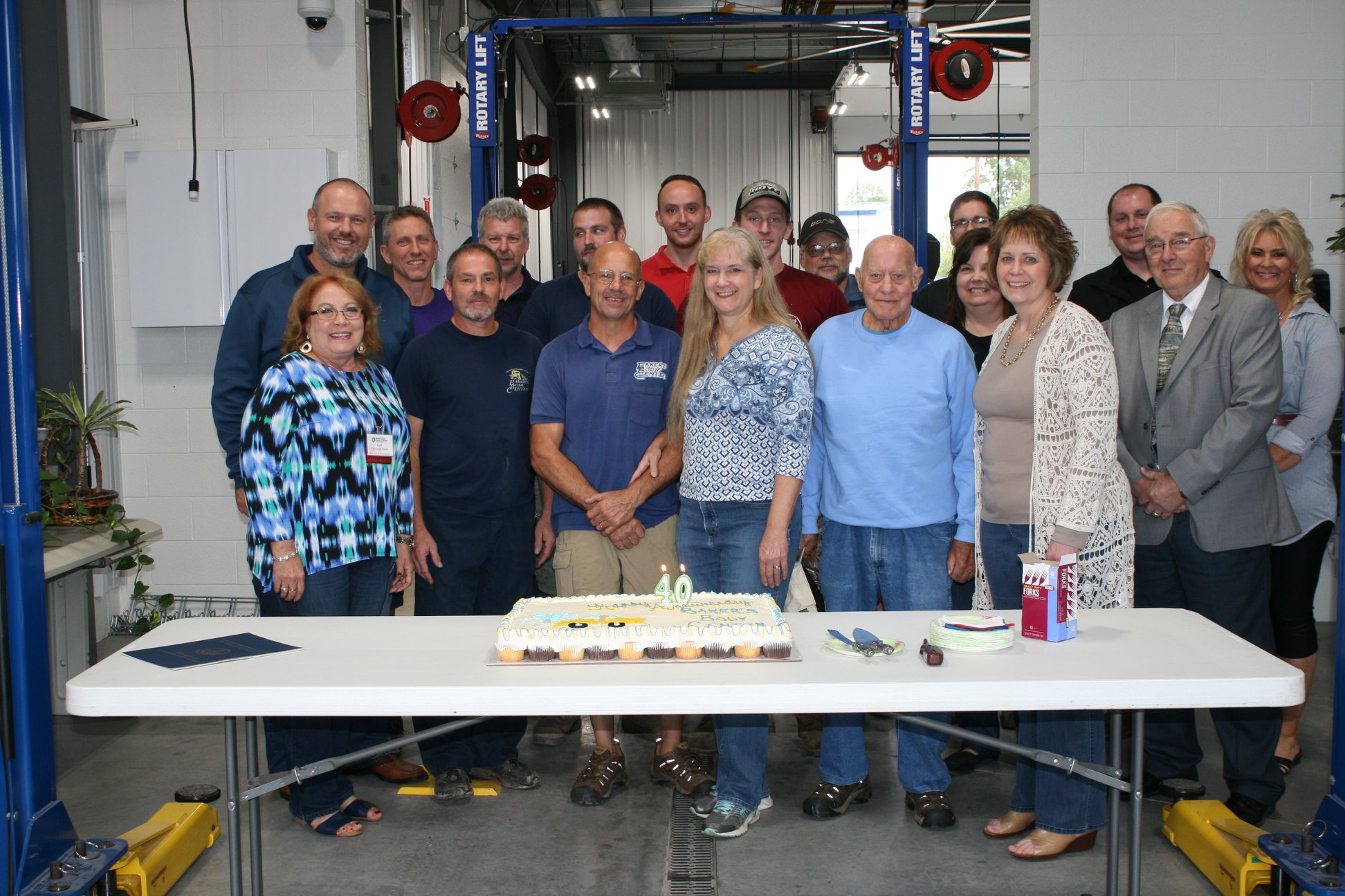 Baker's Body Center staff gathering for 40th anniversary party